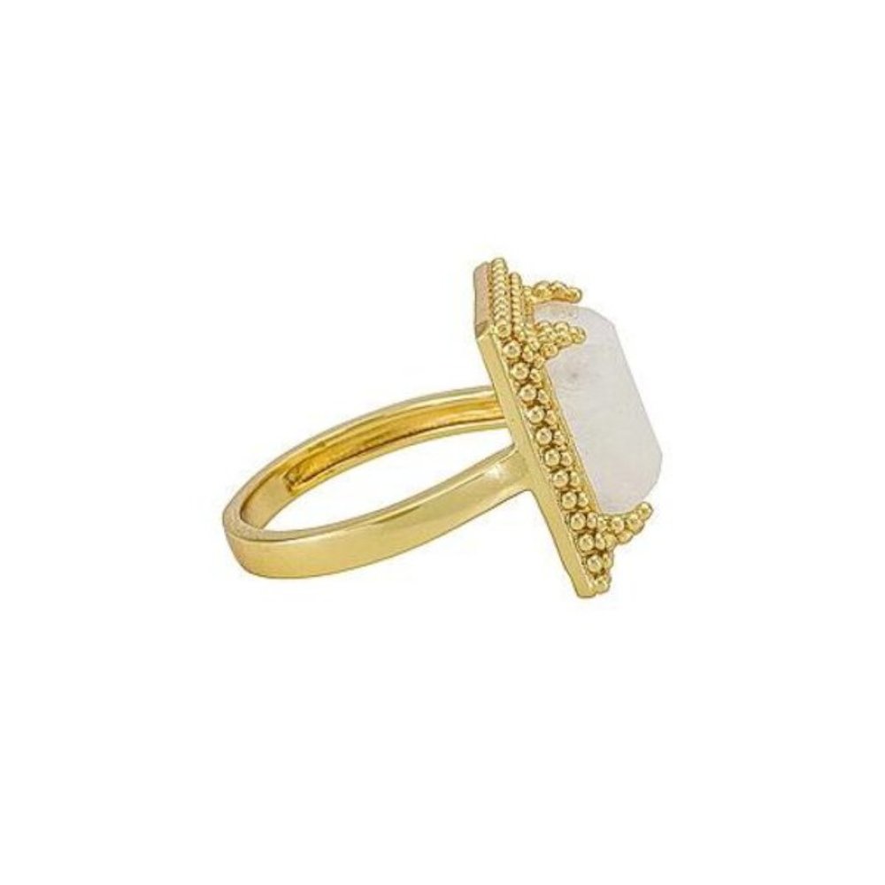 Gold Beaded Rectangular Moonstone Ring - Picture 2 of 4